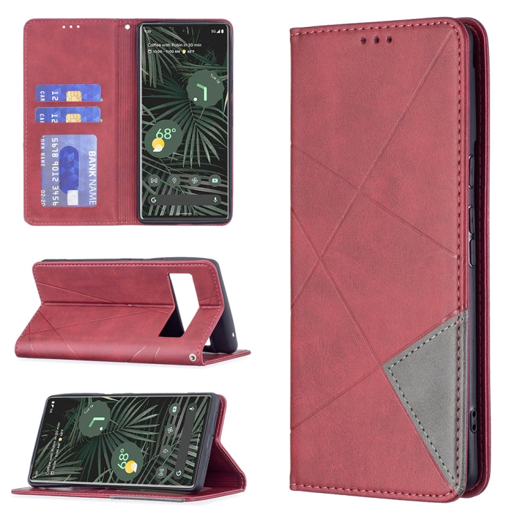 Red leather flip phone case with magnetic closure, card slots, and gray accent panel.