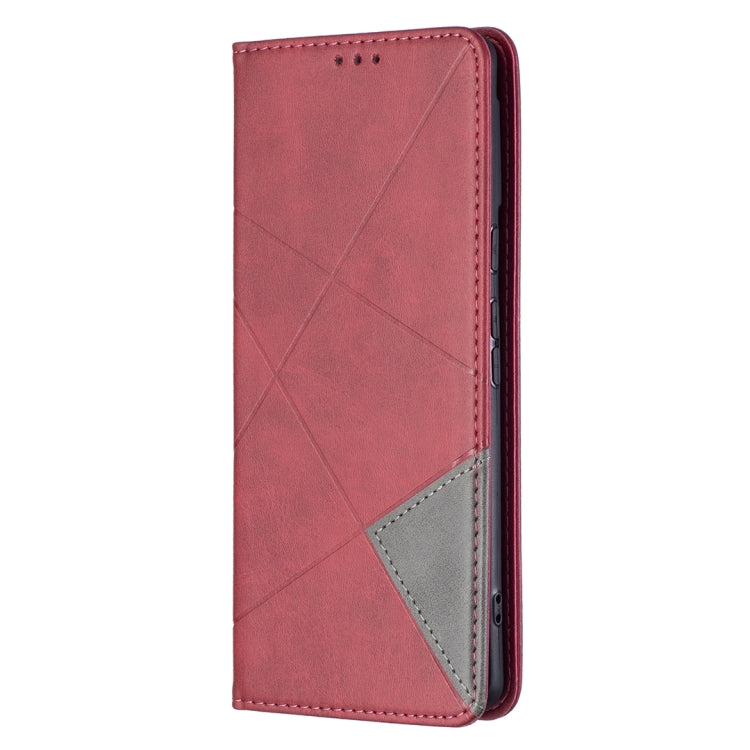 Red leather phone case with diamond texture and gray trim accent at the side.