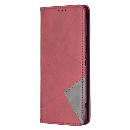 Red leather phone case with diamond texture and gray trim accent at the side.