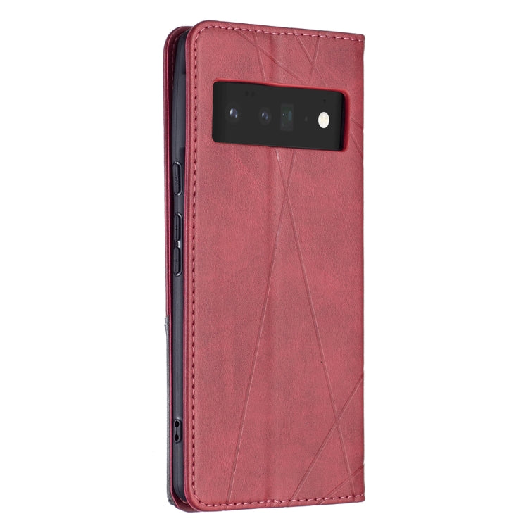 Red leather flip phone case showing cutouts and camera area on the back cover.