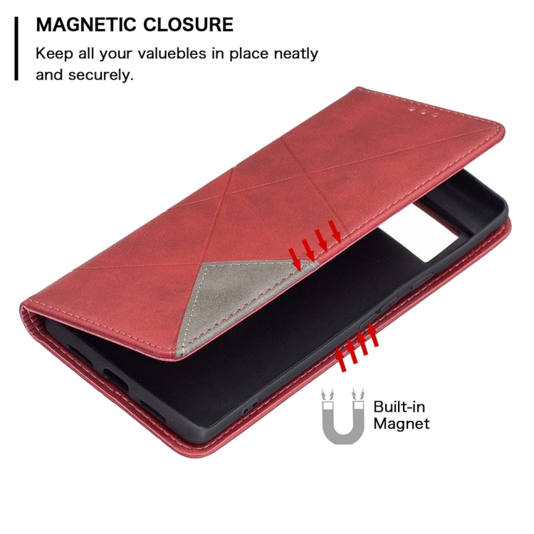 Red leather flip phone case with built-in magnet and visible phone edge opening.