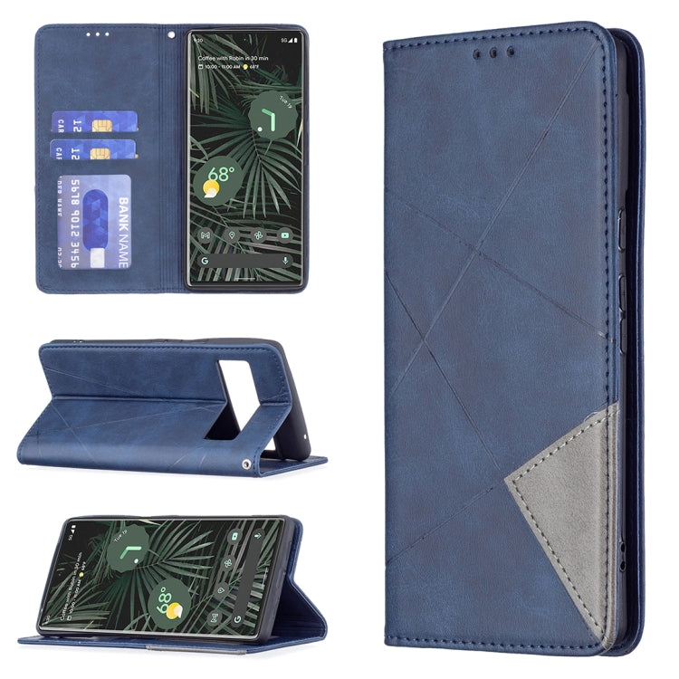 Blue magnetic flip phone case with card slots; horizontal stand view and textured stitching.