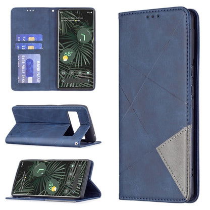 Blue magnetic flip phone case with card slots; horizontal stand view and textured stitching.
