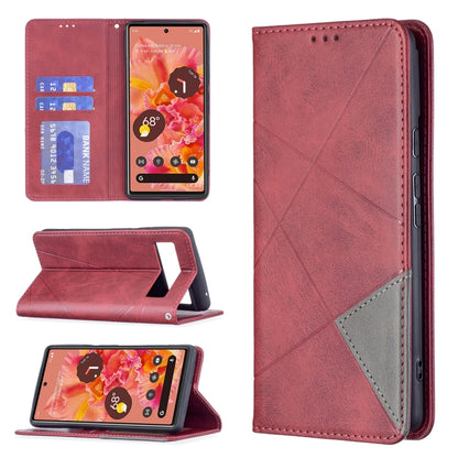 Red leather flip phone case with card slots, stand, and gray accent on the back.