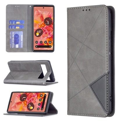 Grey leather magnetic flip phone case with card slots and viewing stand