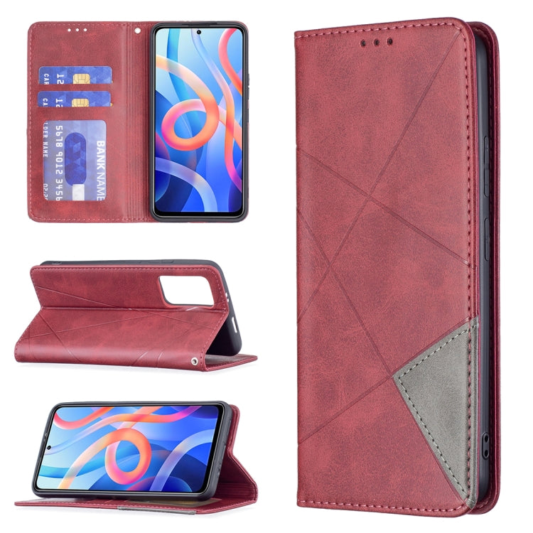 Red leather phone case with card holder flap and stand for angled viewing.