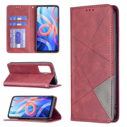 Red leather phone case with card holder flap and stand for angled viewing.