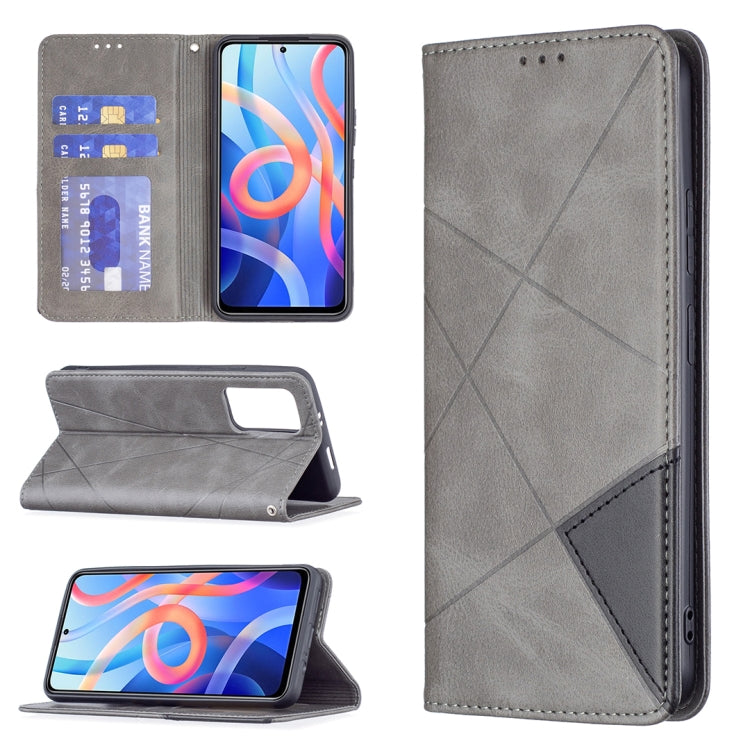 Grey leather magnetic flip phone case with card slots and fold-out stand