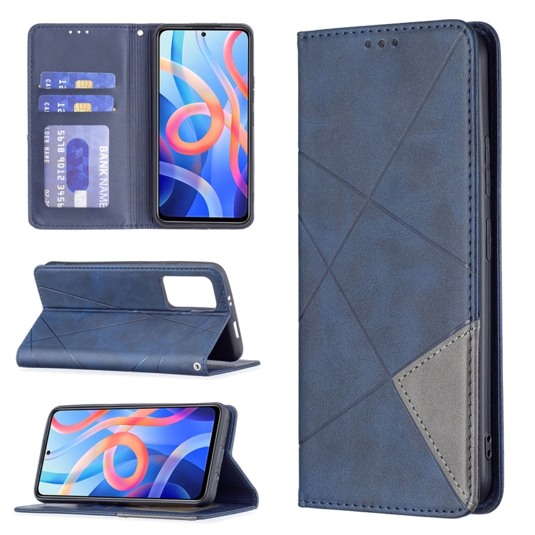 Blue magnetic flip phone case with card slots; folio stand and diagonal panel stitching.