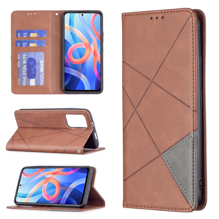 Brown leather flip phone case with card slots, magnetic stand, and side cutouts