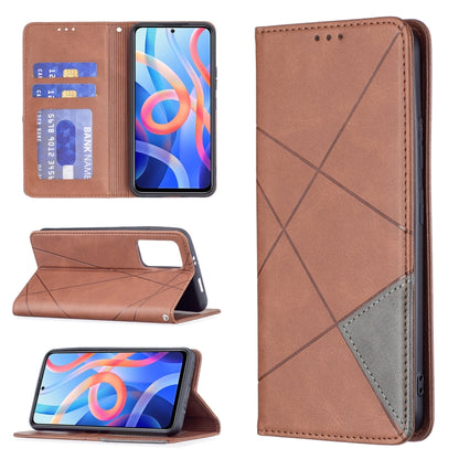 Brown leather flip phone case with card slots, magnetic stand, and side cutouts
