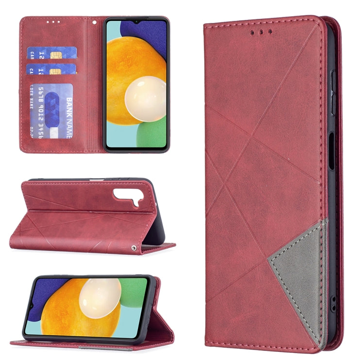Red leather flip phone case with card slots, magnetic flip stand, and gray accent trim.