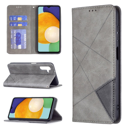Grey leather magnetic flip phone case with card slots and fold-out stand