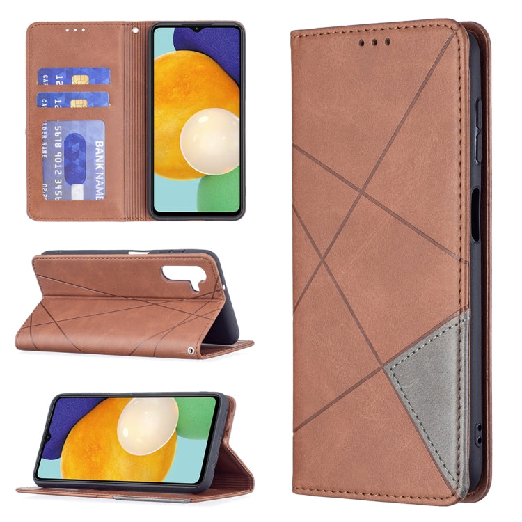 Brown leather flip phone case with card slots and open-view stand, diamond seam detail