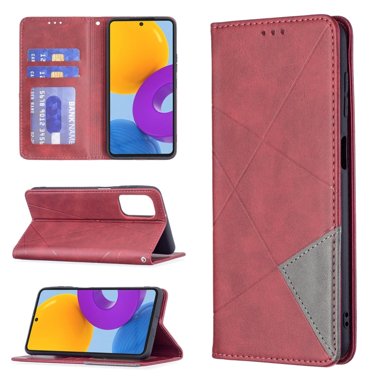 Burgundy leather magnetic flip phone case with card slots and fold-out stand