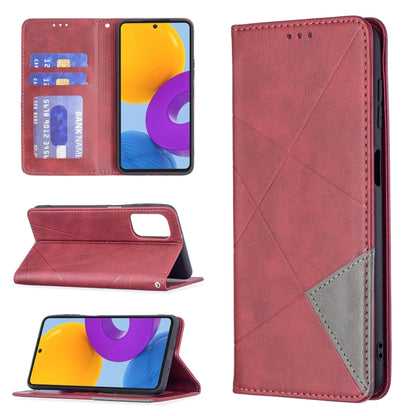 Burgundy leather magnetic flip phone case with card slots and fold-out stand