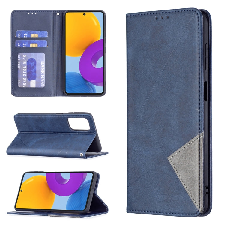Dark blue magnetic flip phone case with card slots and fold-stand for viewing.
