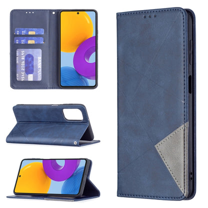 Dark blue magnetic flip phone case with card slots and fold-stand for viewing.