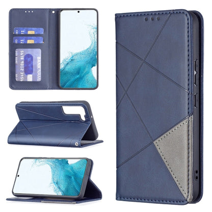 Dark blue magnetic flip phone case with card slots; open stand and back panel shown.