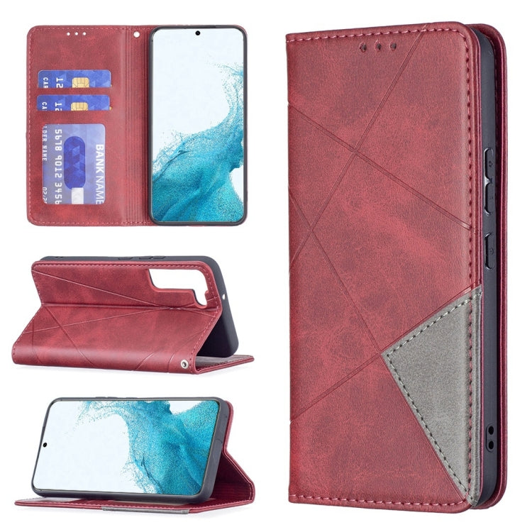 Burgundy leather magnetic flip phone case with card slots and viewing stand