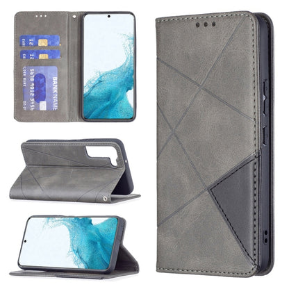 Gray magnetic flip phone case with card slots; folio stand and stitched fold design.