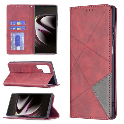 Burgundy leather magnetic flip phone case with card slots and fold-out viewing stand