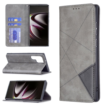 Gray magnetic flip phone case showing front window, back cover, and card slot pocket.
