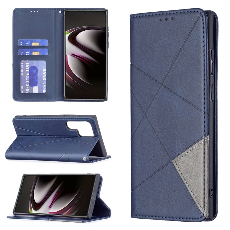 Dark blue magnetic flip phone case with card slots; open front view and back cover.