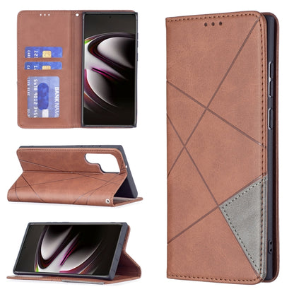 Brown leather flip phone case with card slots, magnetic stand, and diamond pattern back