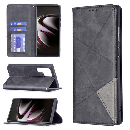 Dark grey magnetic flip phone case with card slots and side cutouts for buttons