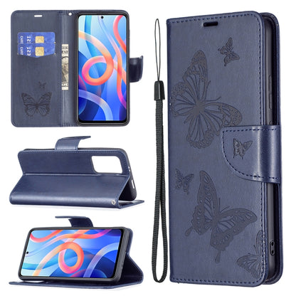 Dark blue leather phone case with embossed butterflies, card slots, lanyard, and wallet stand.