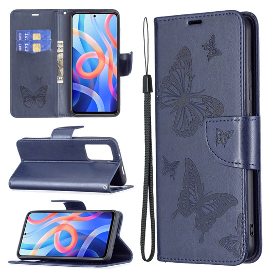 Dark blue leather phone case with embossed butterflies, card slots, lanyard, and wallet stand.