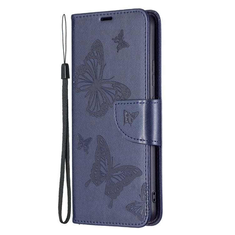 Dark blue folio phone case with embossed butterflies and lanyard cord, single front pocket.
