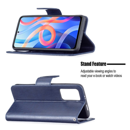 Dark blue leather folio phone case with built-in stand for viewing and embossed butterfly front.
