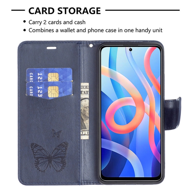 Dark blue leather phone case with 2 card slots, cash pocket, and embossed butterfly motif.