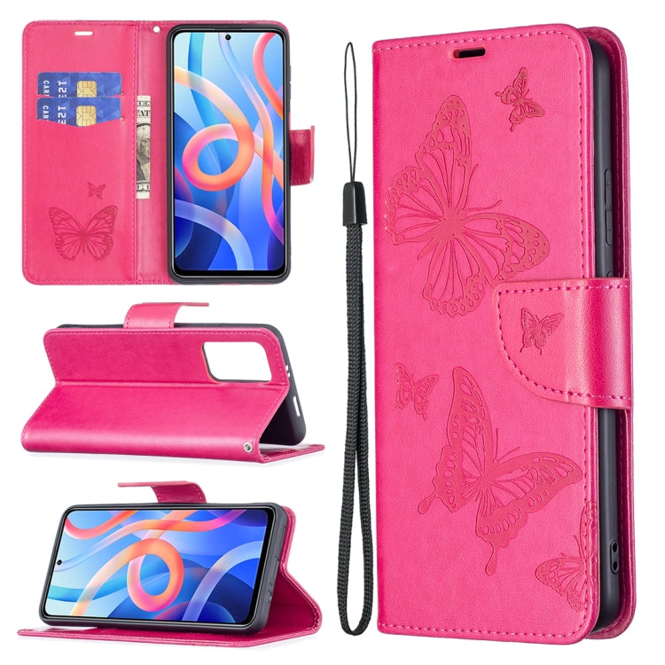 Rose red leather phone case with embossed butterflies, card slots, lanyard cord, and wallet stand.