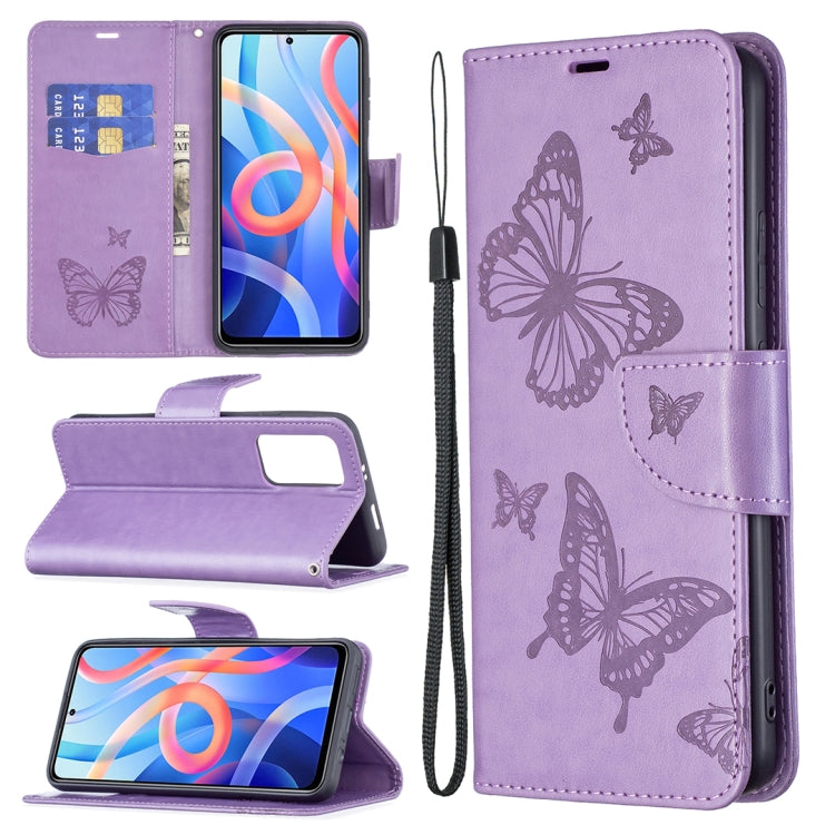Purple leather phone case with embossed butterflies, card slots, lanyard cord, and folio cover.