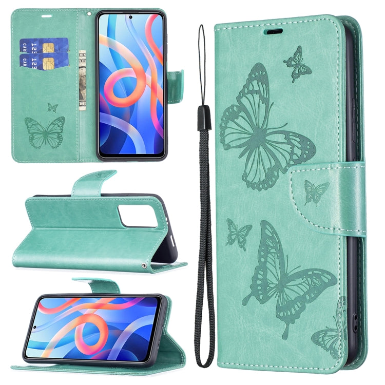 Mint green leather phone case with embossed butterflies, flip cover, card slot, lanyard