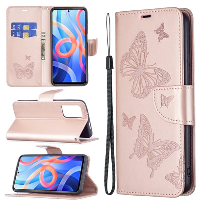 Rose leather phone case with embossed butterflies, flip cover, card slot, lanyard