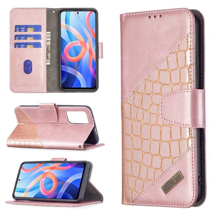 Rose gold leather-look flip phone case with crocodile texture, card slots, and wallet holder