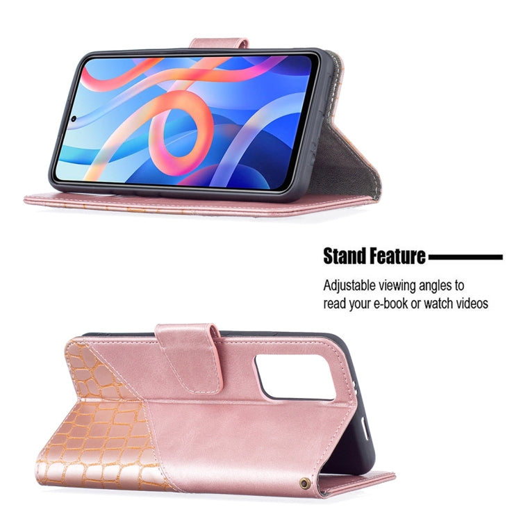 Rose gold leather-look flip phone case with crocodile texture, stand mode, and card slot
