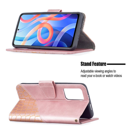 Rose gold leather-look flip phone case with crocodile texture, stand mode, and card slot