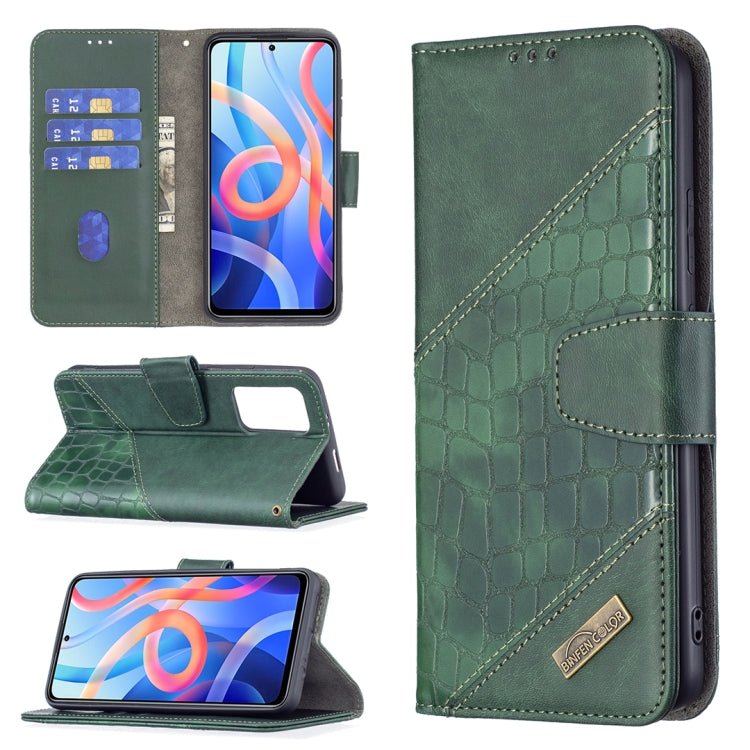Green leather-look flip phone case with crocodile texture, card slots, and wallet holder