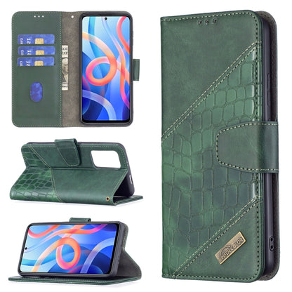 Green leather-look flip phone case with crocodile texture, card slots, and wallet holder