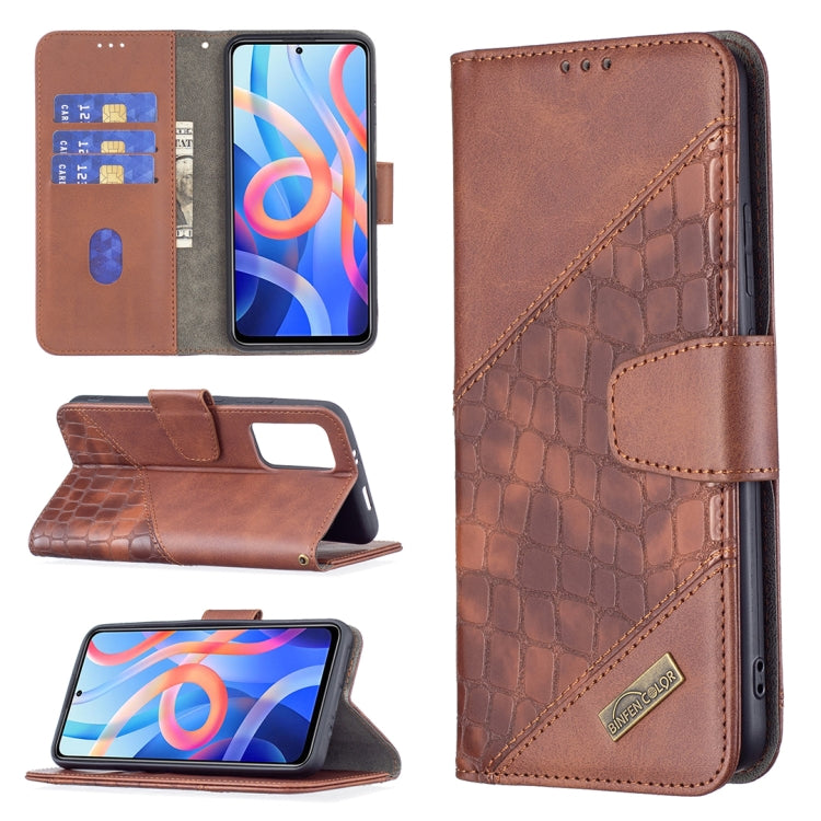 Brown leather-look flip phone case with crocodile texture, card slots, and wallet holder