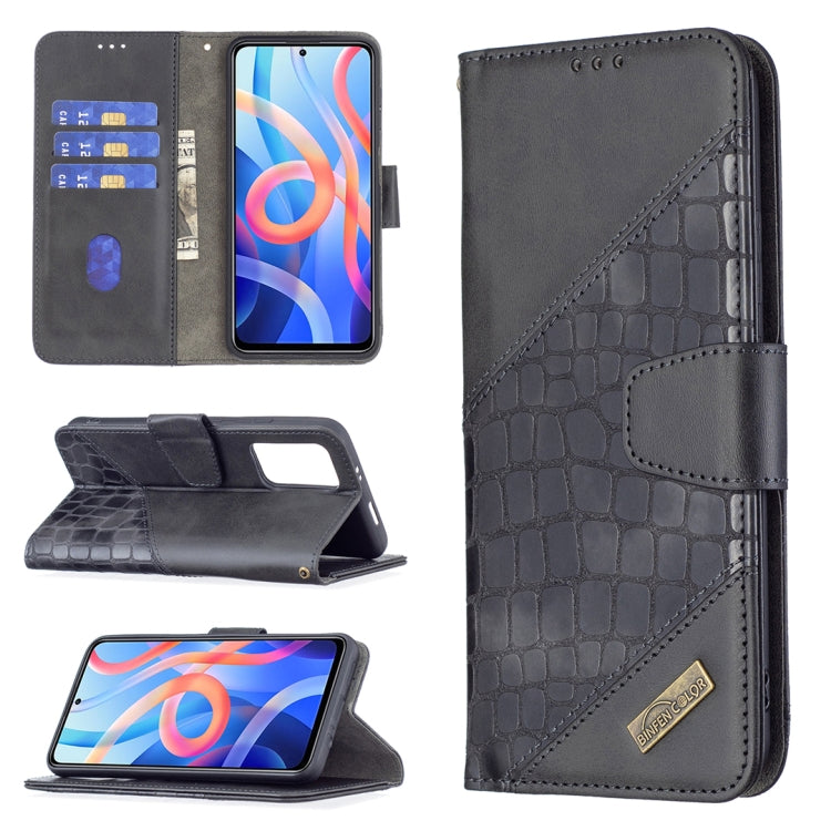 Black leather-look flip phone case with crocodile texture, card slots, and wallet holder