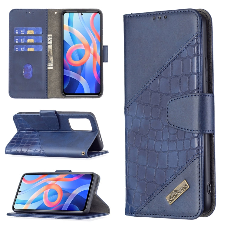 Blue crocodile-texture leather phone case with card slots and flip stand wallet holder