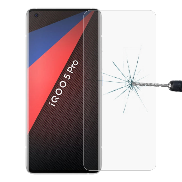 Smartphone tempered glass screen protector shown with crack-test impact on the surface