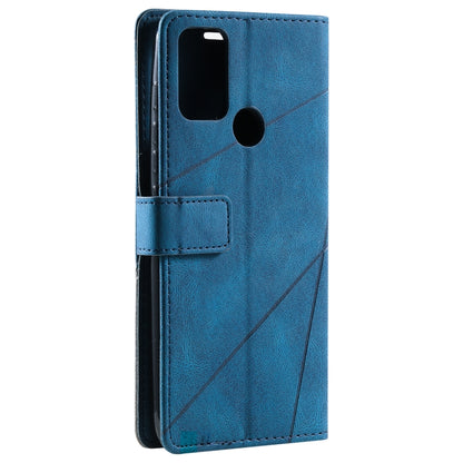 Blue flip leather phone case with camera cutout, diagonal pattern, and gray trim for Moto G Stylus 2021