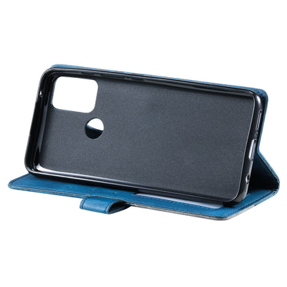 Blue flip leather phone case shown in landscape stand view with camera cutout for Moto G Stylus 2021